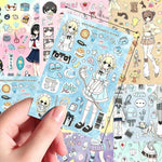 sticker autocollant dessins animés multicolore illustration cartoon personnages objets texte pack matériel collage