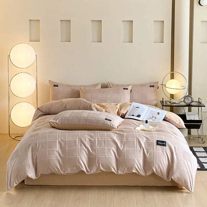 Housse de couette une place coton jacquard carreaux gris
