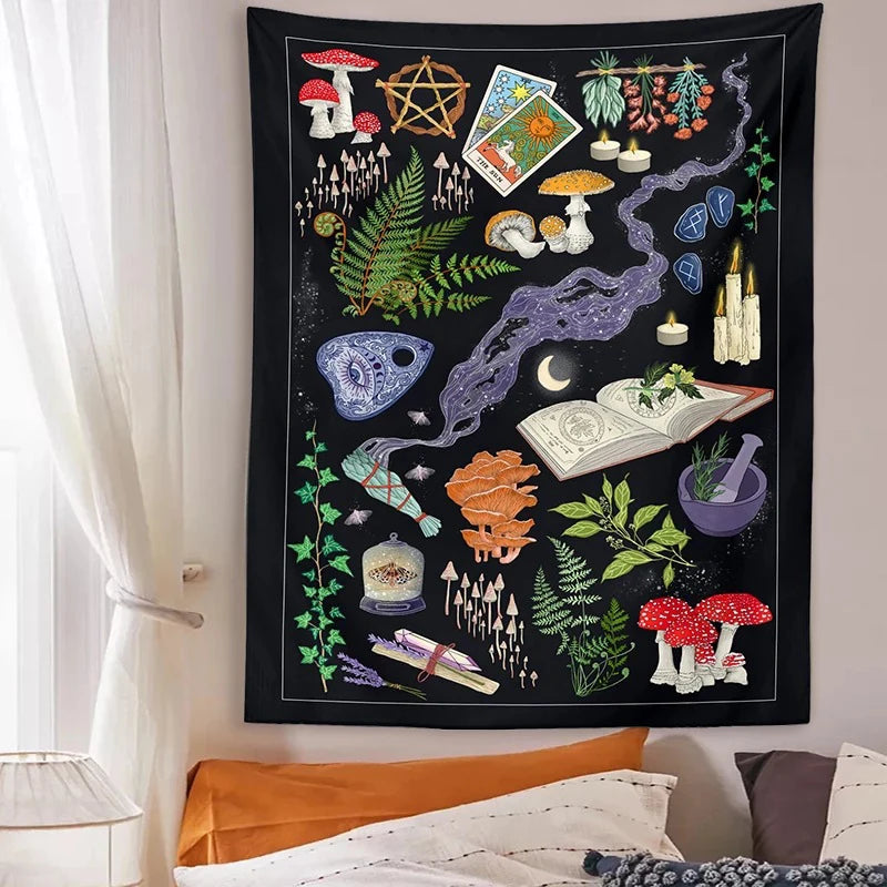 tapisserie murale champignons illustrations vintage naturelle bohème décoration mur rouge vert bleu