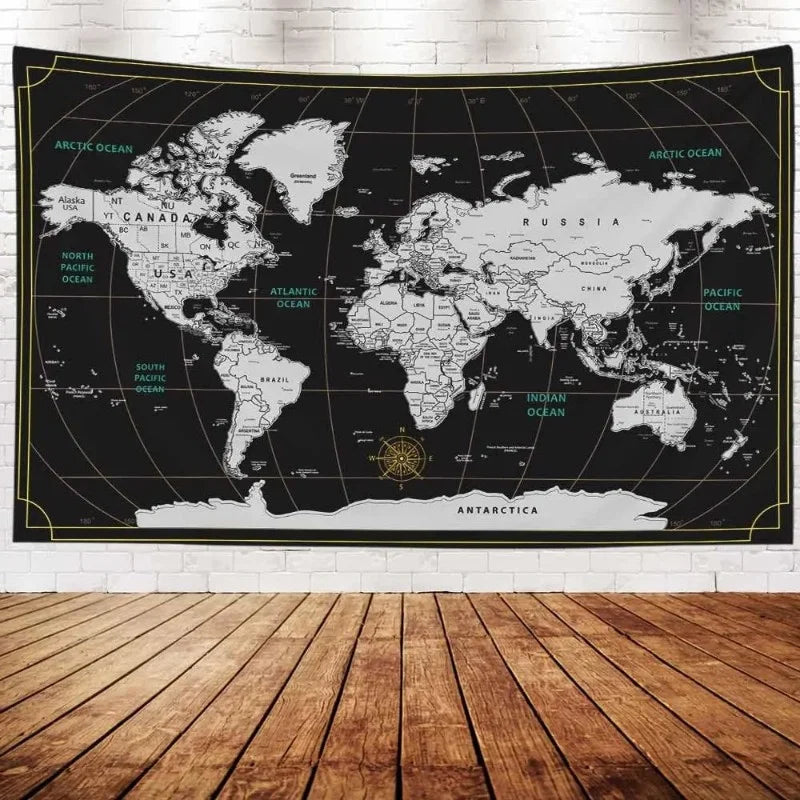 tapisserie murale carte monde aquarelle géographique classique noir blanc gris vert