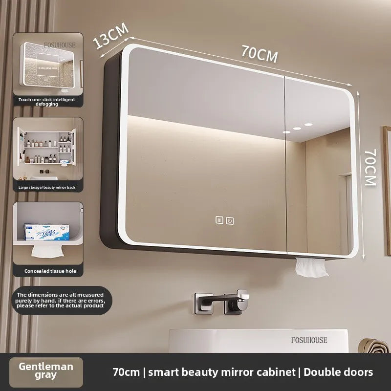 armoire salle bain murale miroir led rangement porte coulissante moderne blanc gris