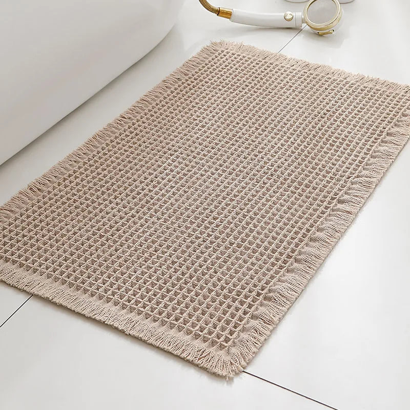 tapis moderne rustique texture carreaux beige clair antidérapant polyester tressé salon bain extérieur