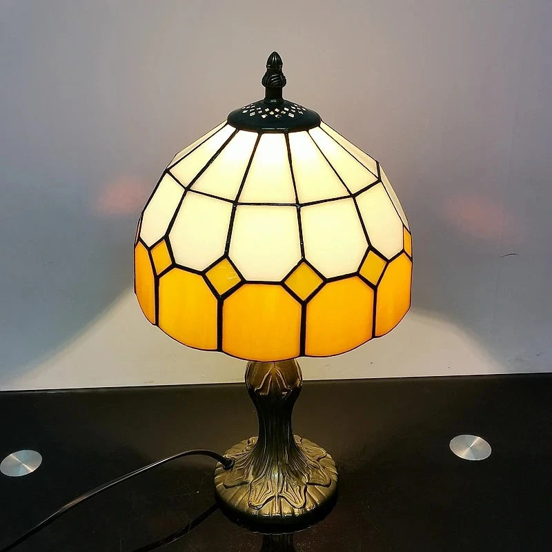 lampe table tiffany hexagonal jaune blanc vert rose marron vitrail opaques 20cm 38cm