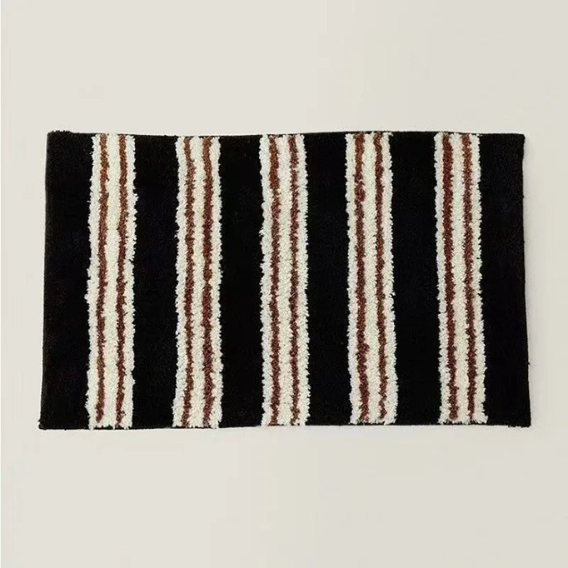 tapis sol polyester résistant rayures horizontales fleurs moderne bleu clair noir blanc marron rose
