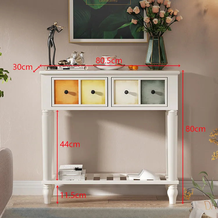 meuble d'entrée blanc tiroirs floraux rangement moderne entrée décoration livres horloges vinyles