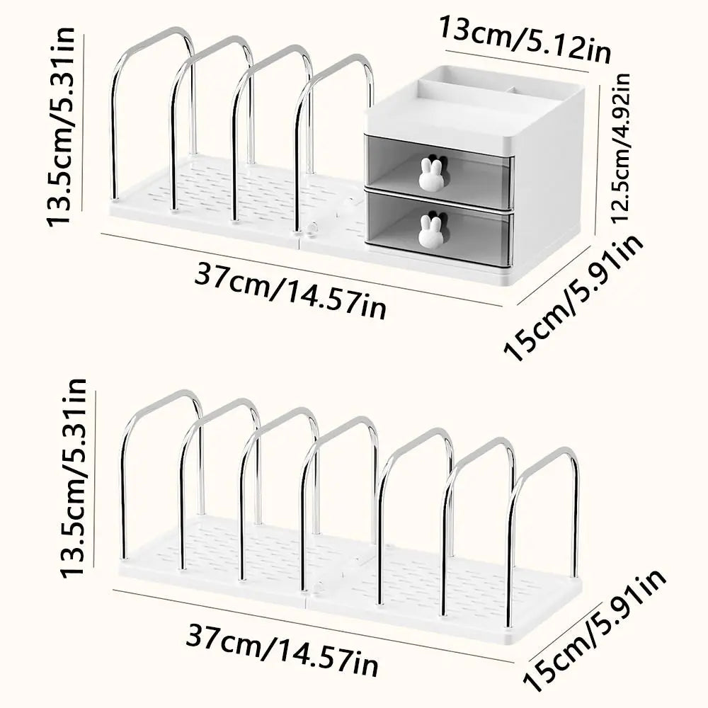 support livres transparent moderne tiroirs poignées lapin blanc grille métal chromé