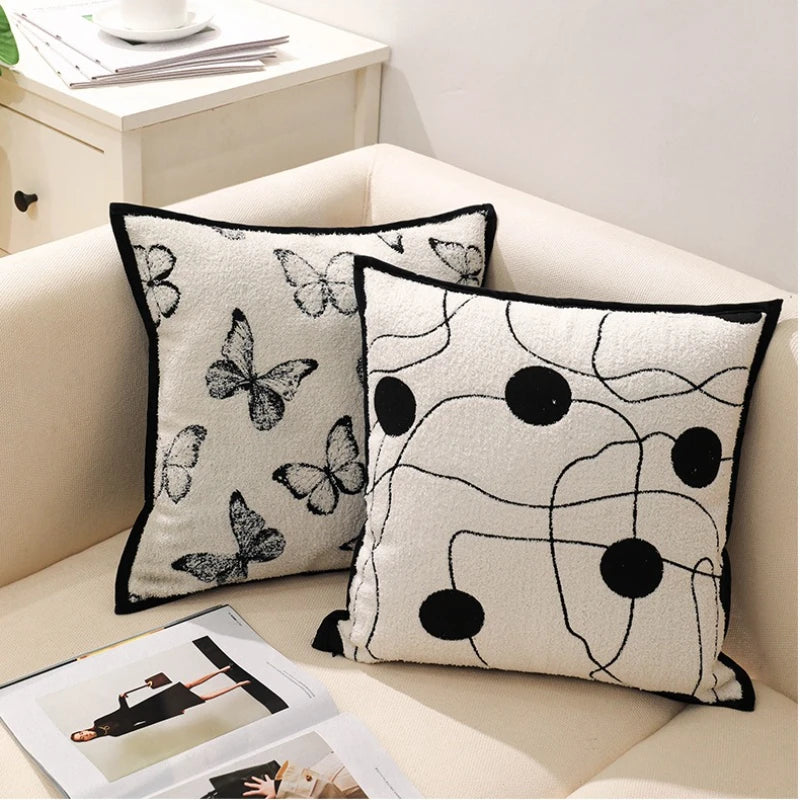housse coussin moderne nordique motif papillons blanc noir polyester 45x45cm decoration salon