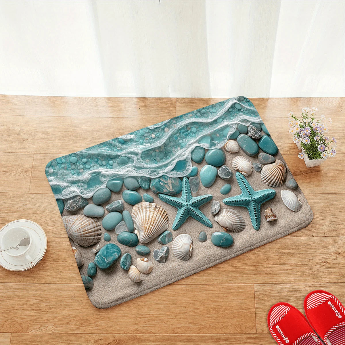 tapis sol salle bain motif marin coquillages étoiles mer bleu clair absorbant rapide