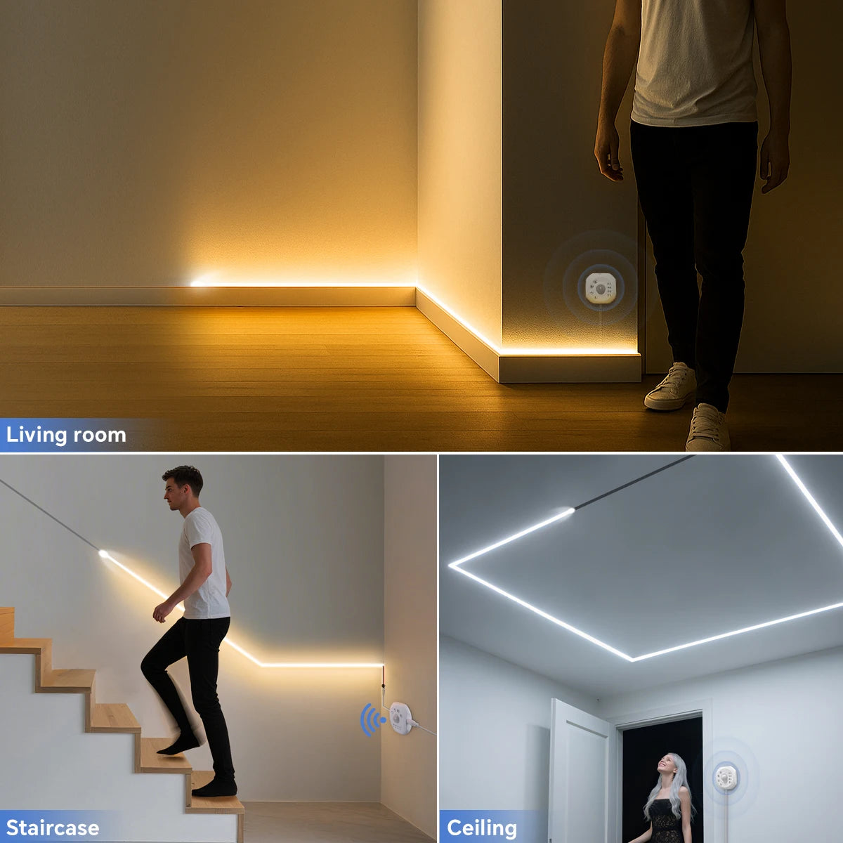 ruban led blanc bleu adhésif sensoriel moderne 24v 120leds mètre escalier couloir