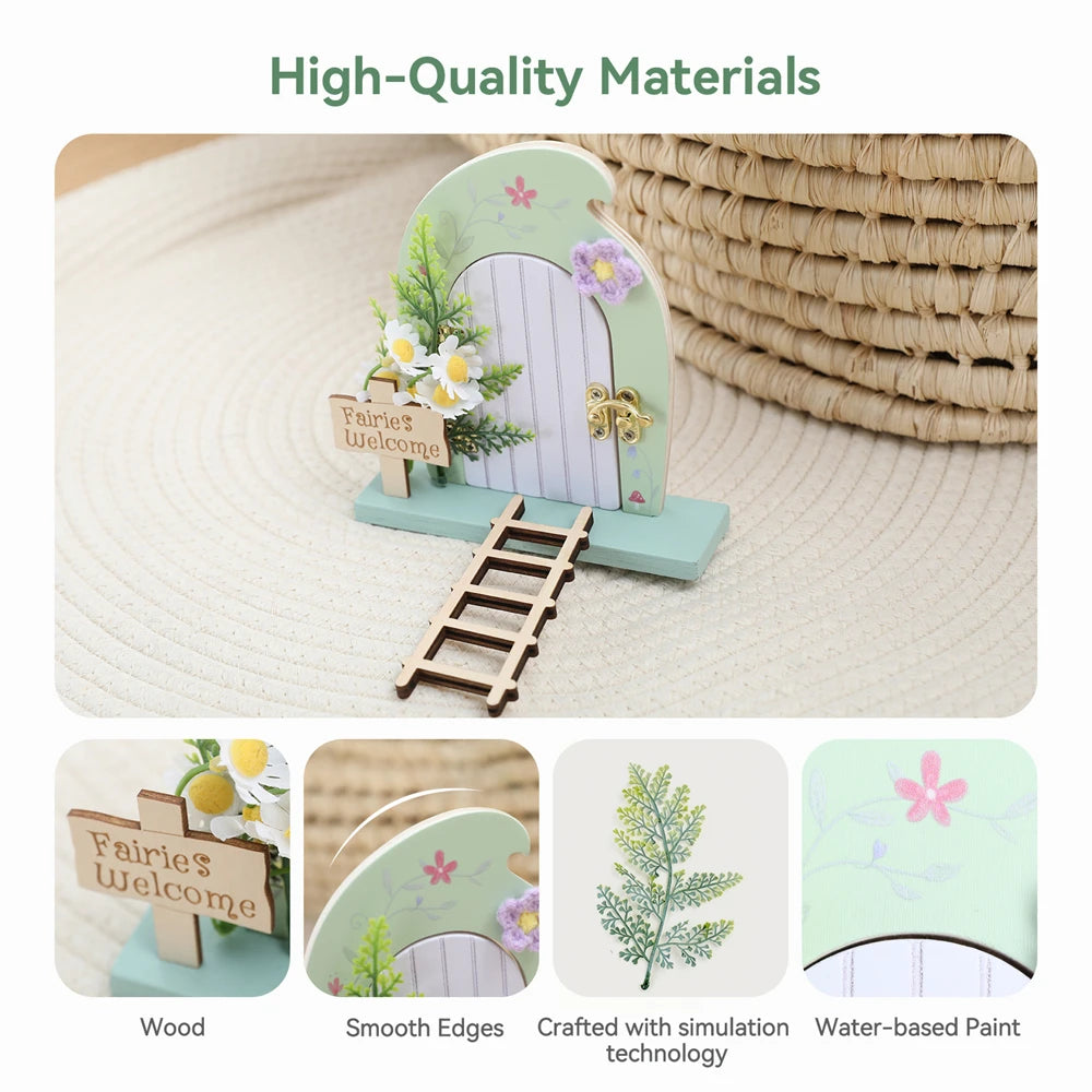 porte fée miniature escalier fleurs crochet plaque bienvenue fées décor bois fleuri vintage chambre