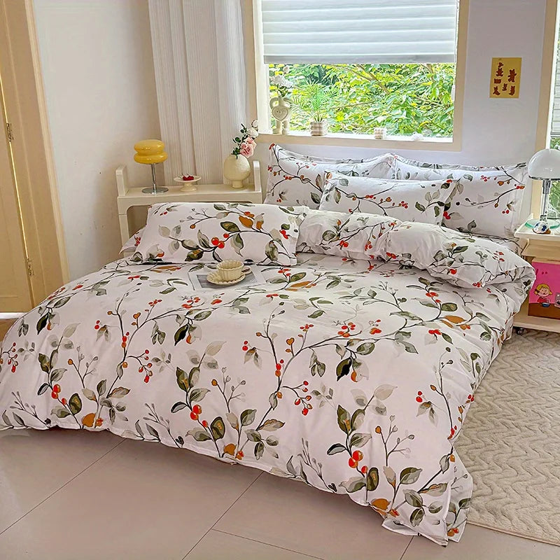 housse couette ensemble 60 pièces microfibre polyester motifs floraux blanc vert jaune rouge moderne