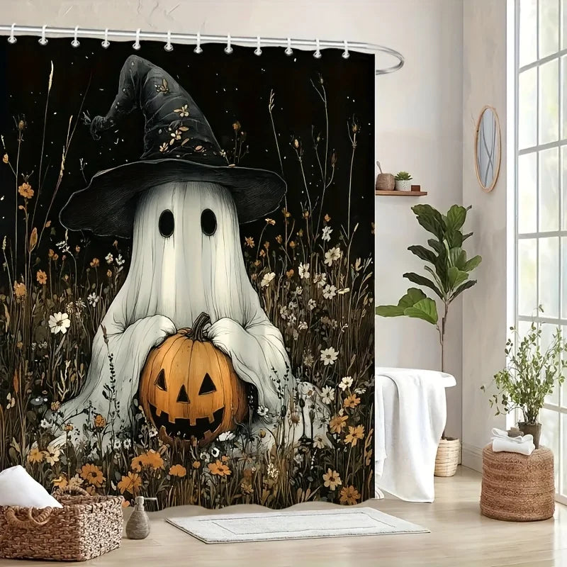 rideau douche halloween fantôme citrouille noir blanc opacité crochets sorcière fleurs sauvages toilette classique