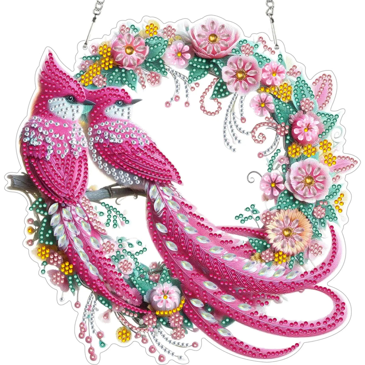 décoration murale artisanale peinture diamant motif floral violet blanc doré vert rose
