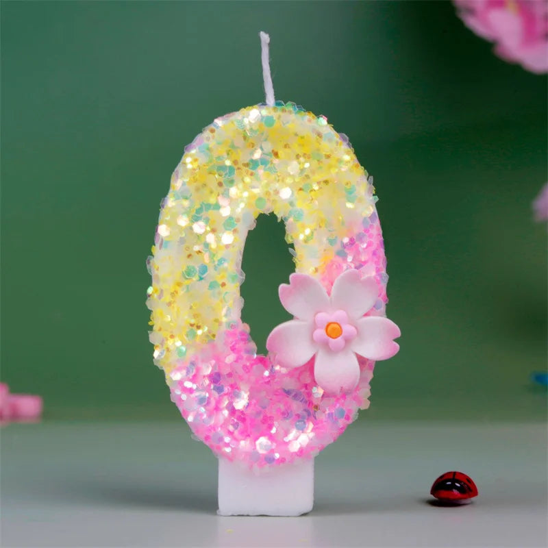 bougies numériques paillettes fleur relief anniversaire enfant décoratives jaune rose blanches
