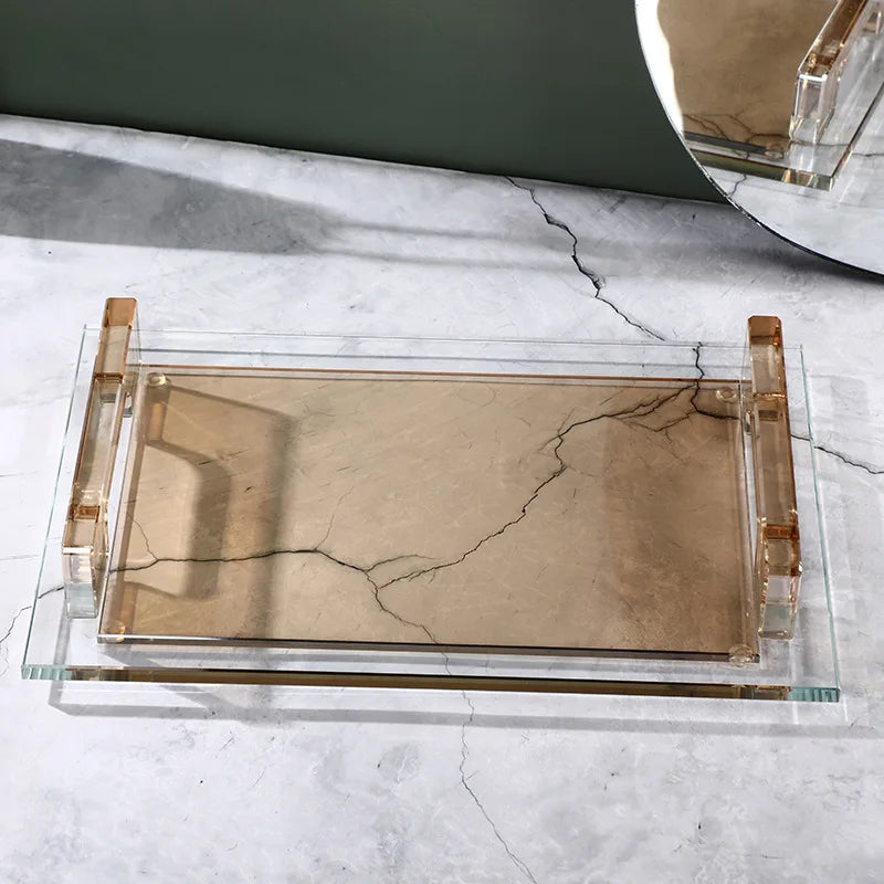 plateau rangement cristal transparent moderne poignée imitation marbre opaque 32x20cm élégant gravure polissage européen