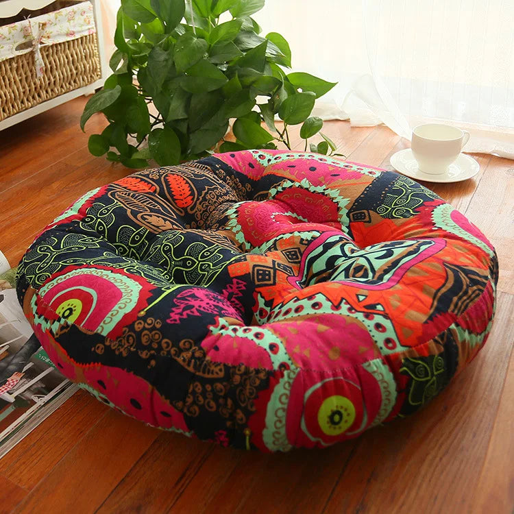 coussin rond multicolore motif floral ethnique opale fibre mélangée coton yoga salon thé