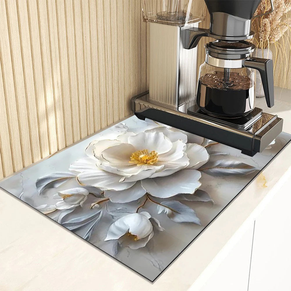 tapis cuisine moderne fleurs noires blanches dorées antibactérien 30x40cm 40x60cm 50x80cm
