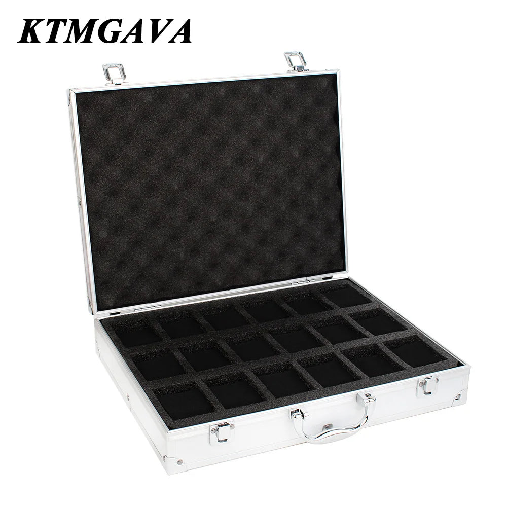 boîte montres moderne 12 slots aluminium noir mousse intérieure poignées métalliques