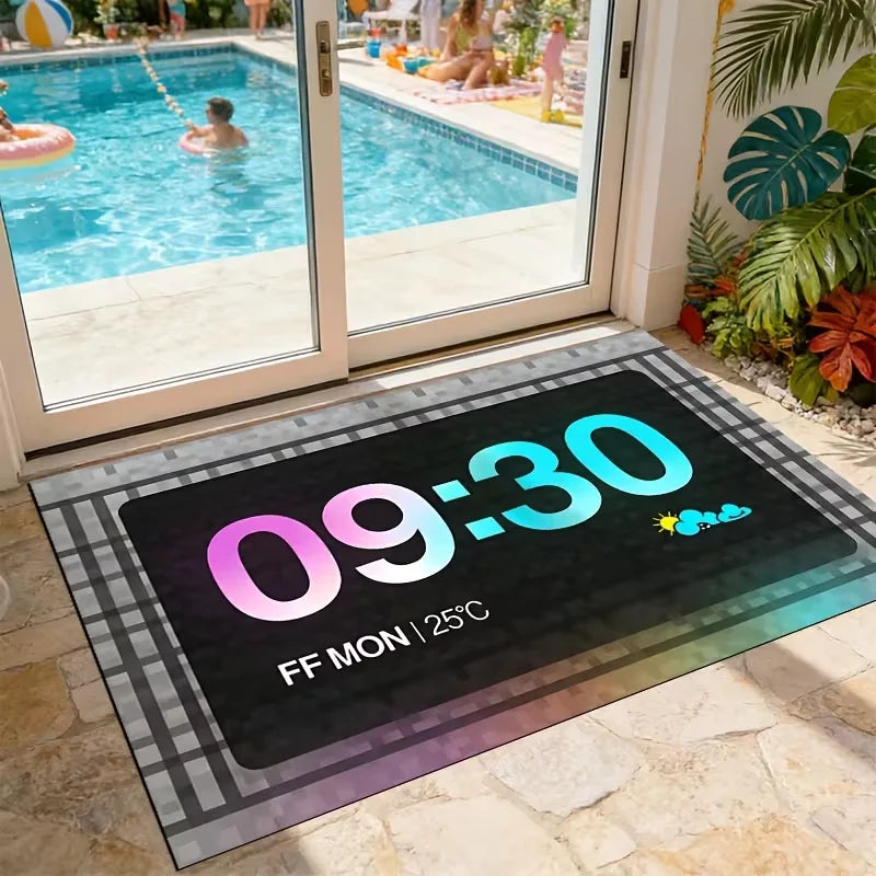tapis moderne sol antidérapant horloge numérique géométrique noir bleu rose vert