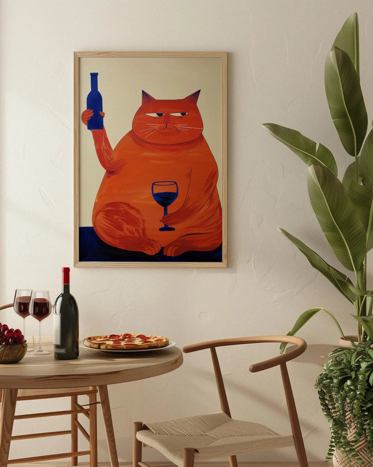 affiche murale illustration chat vin couleur or bleu noire blanche moderne
