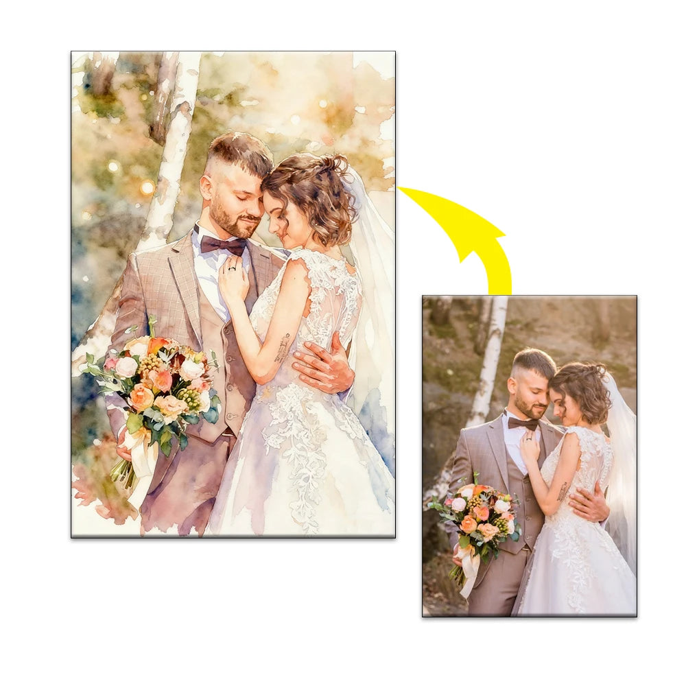 toile aquarelle personnalisable photo couple bouquet fleurs chien animaux paysage blanc beige vert bleu