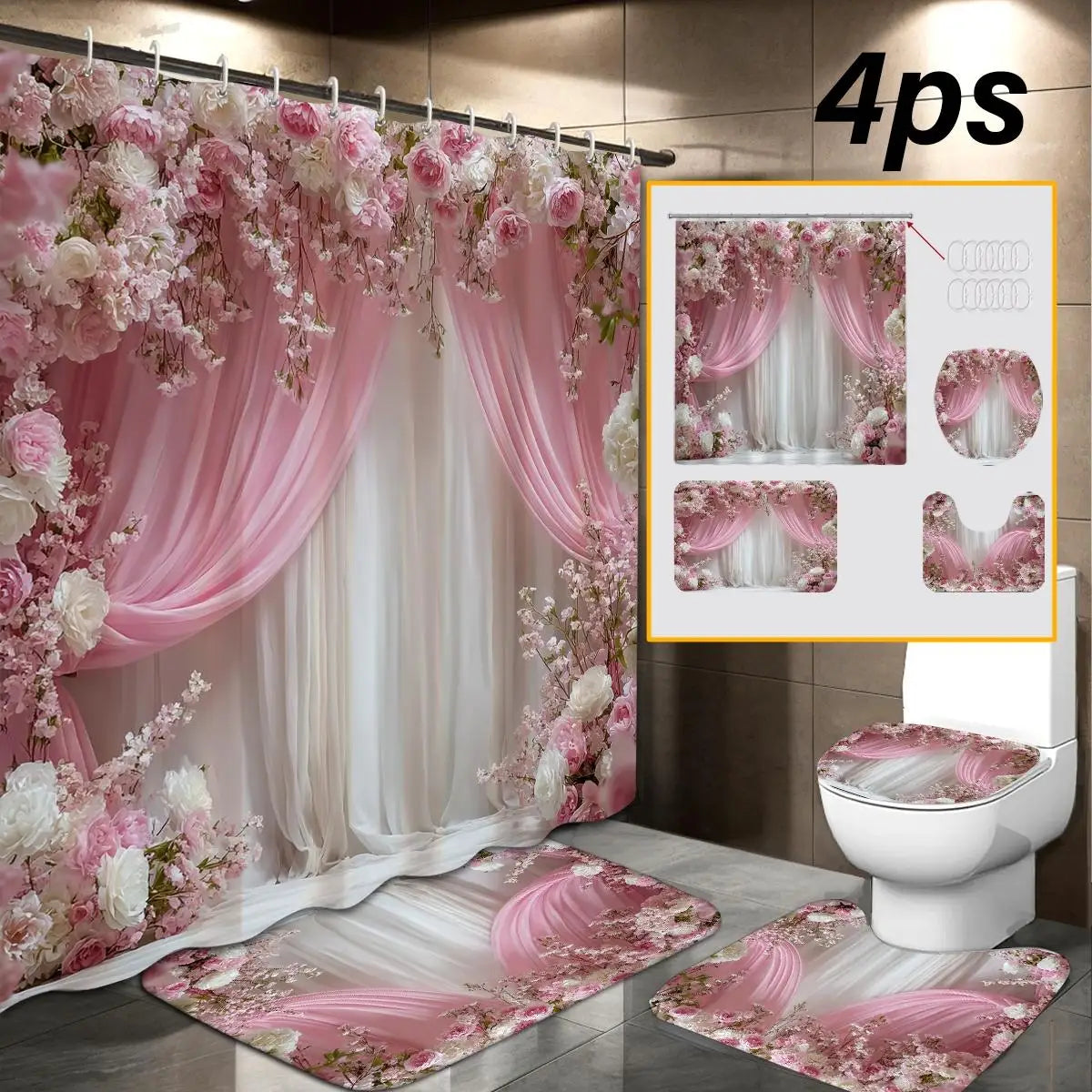 rideau douche fleur rose blanc classique 12 crochets tapis toilette bain ensemble pièces