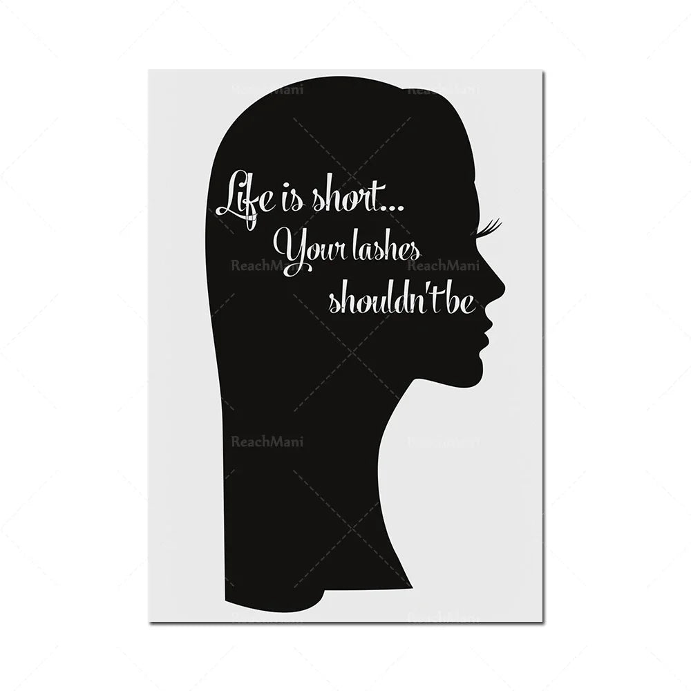 L'image représente le profil en silhouette d'une femme avec un texte sur ses cils, indiquant que la vie est courte et que ses cils ne devraient pas être négligés.
