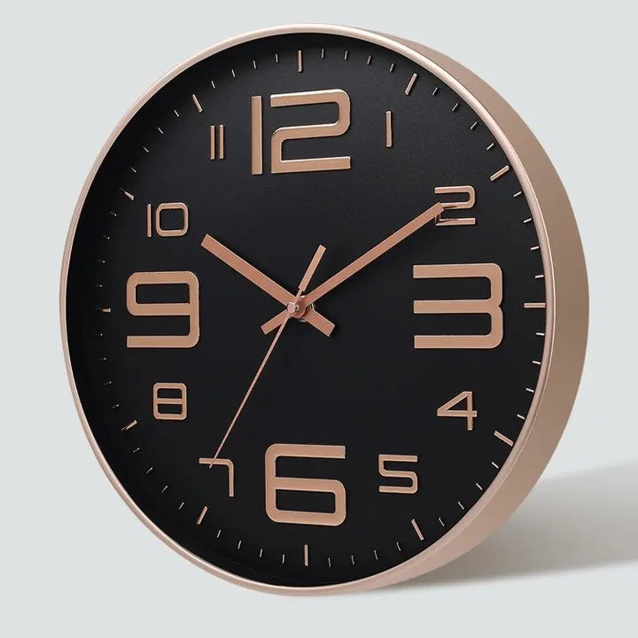 horloge murale moderne chiffres relief aiguilles fines blanc rose doré noir minimaliste