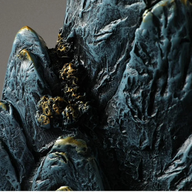ornements résine bleu doré relief rocher artisanal moderne sculpture base noire dorée