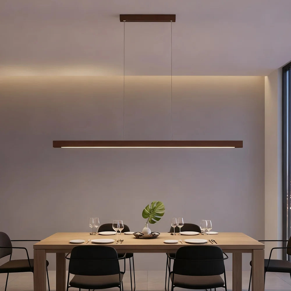 lampe suspendue bois naturel moderne lustre led long salle manger cuisine salon minimaliste