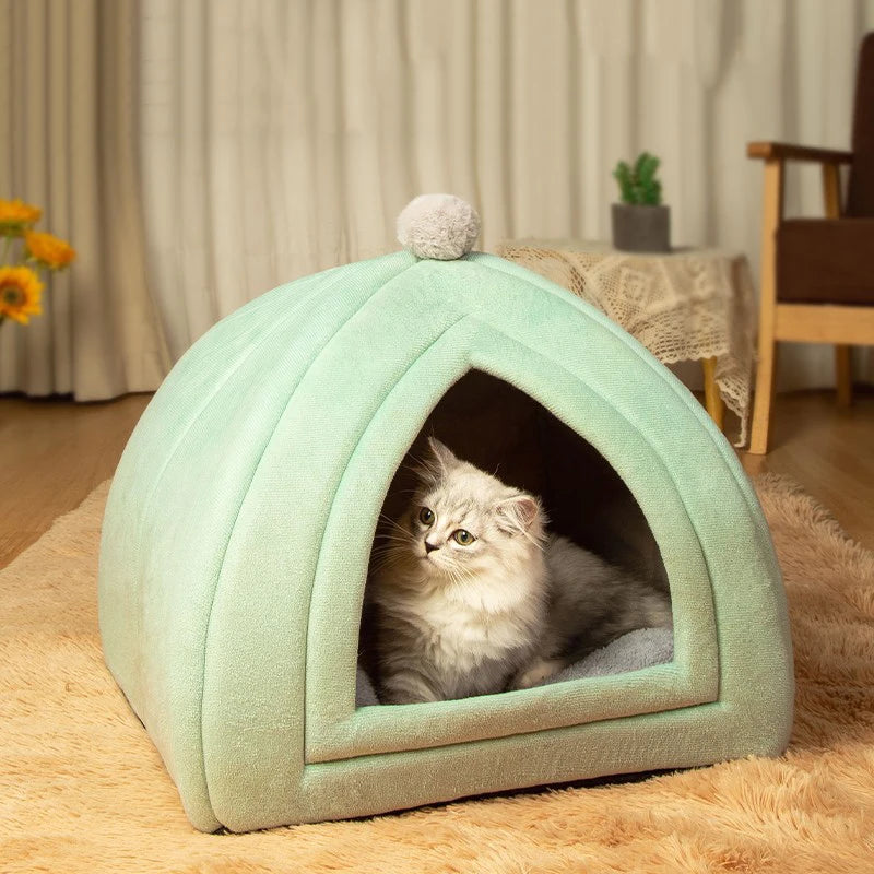 lit chat abri animal velours uni gris rose vert pastel moderne confortable