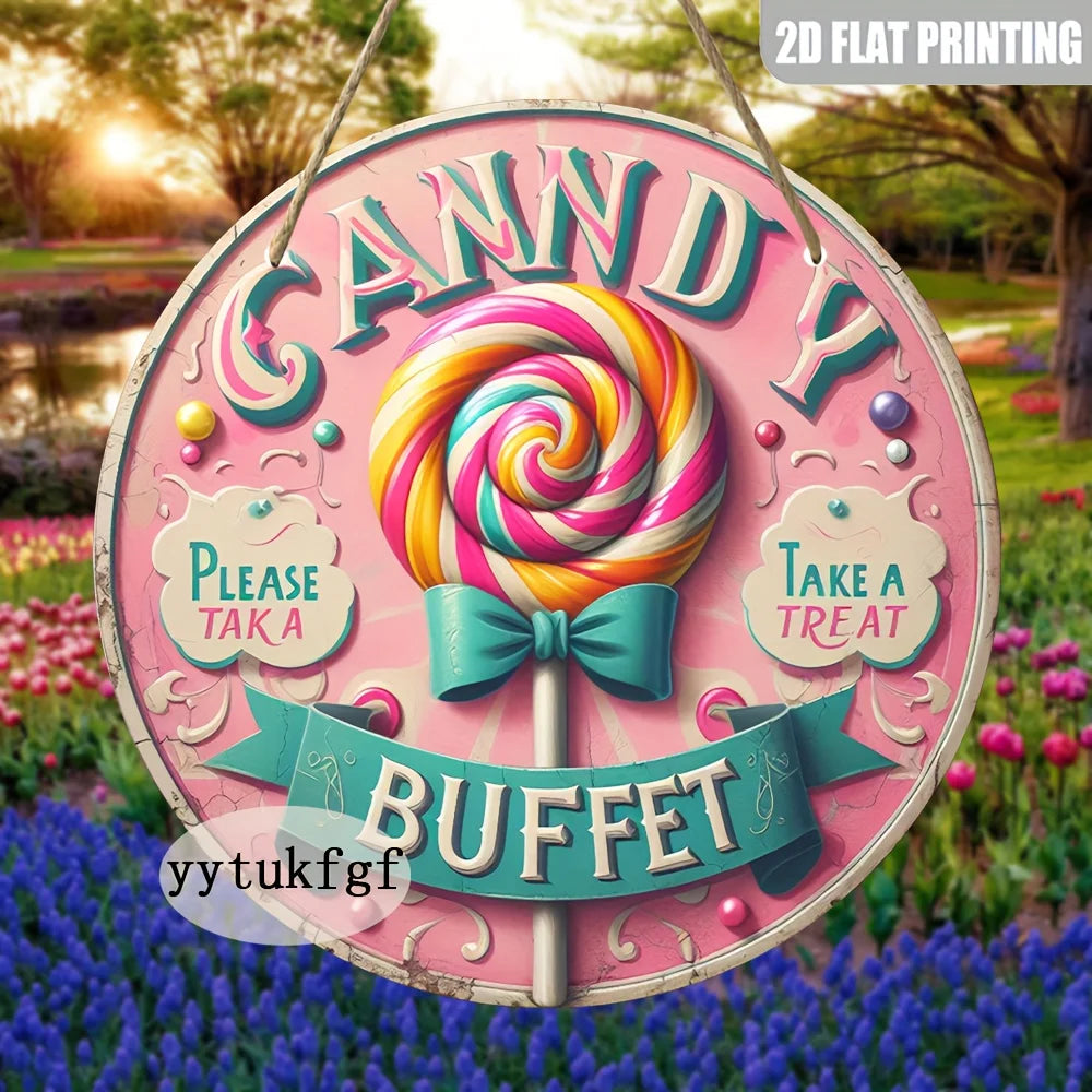 panneau publicitaire bois illustration bonbons colorés candy buffet rétro cordelette inclusion sucreries festive