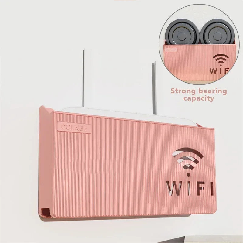 support mural routeur wifi gris rose bleu rayures horizontales moderne salon