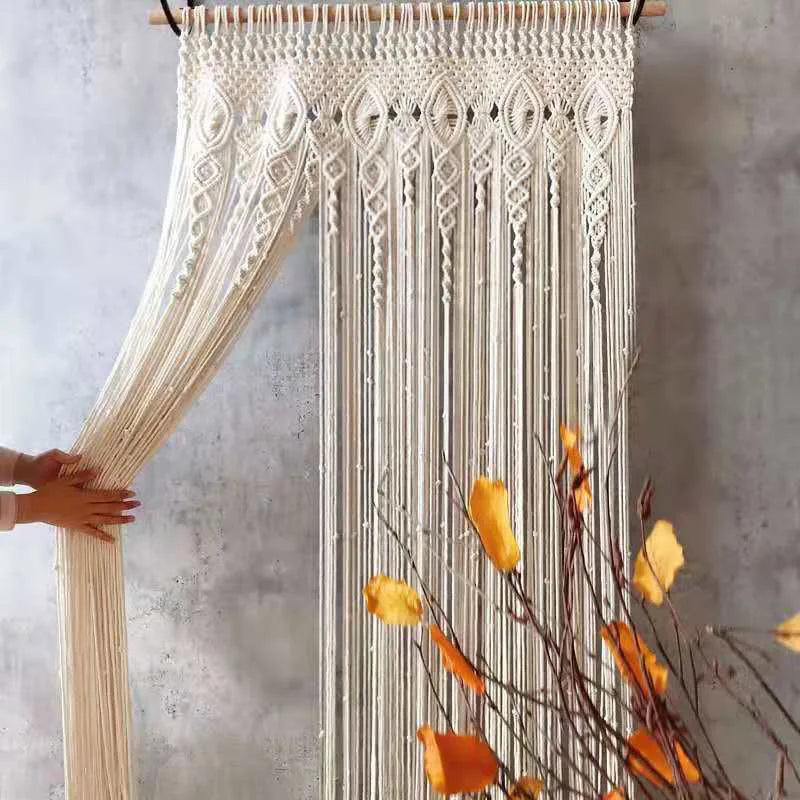 rideau macramé boho chic beige motifs géométriques opacité tissu coton machine eyelets chambre salon