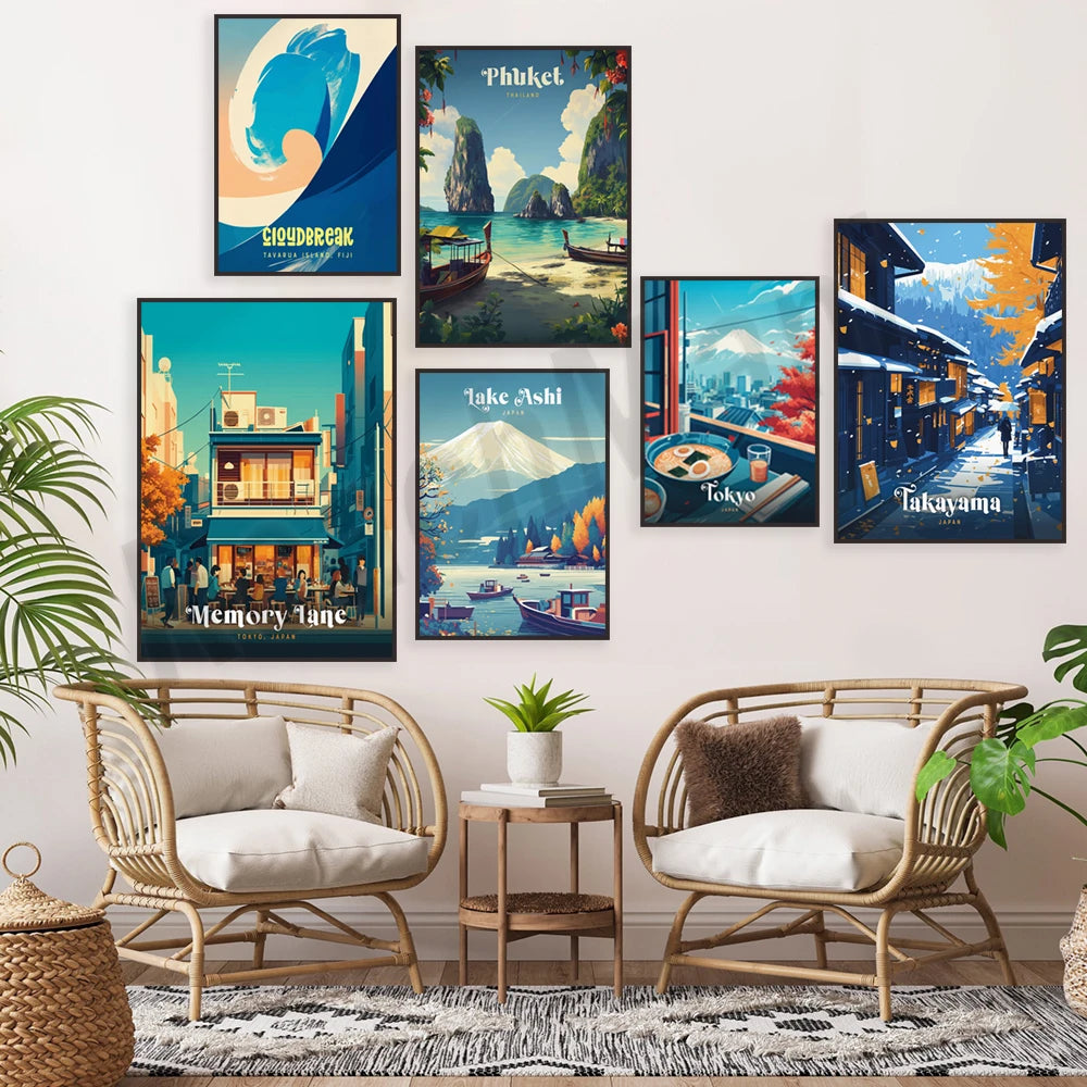 Une série d'affiches de voyages évoquant des destinations populaires en Asie, créant une ambiance apaisante et inspirante dans cet espace de détente.