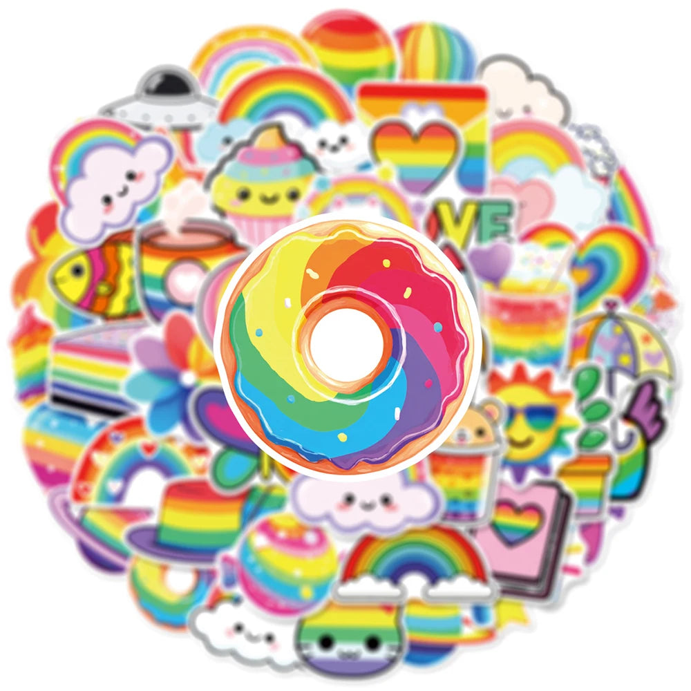sticker mignon dessin animé arc ciel multicolore coeur nuage papillon 30pcs
