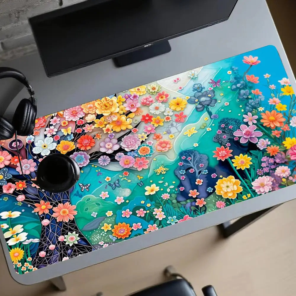 tapis souris fleurs colorées moderne bleu vert rose jaune blanc abstrait gaming bureauDecoration