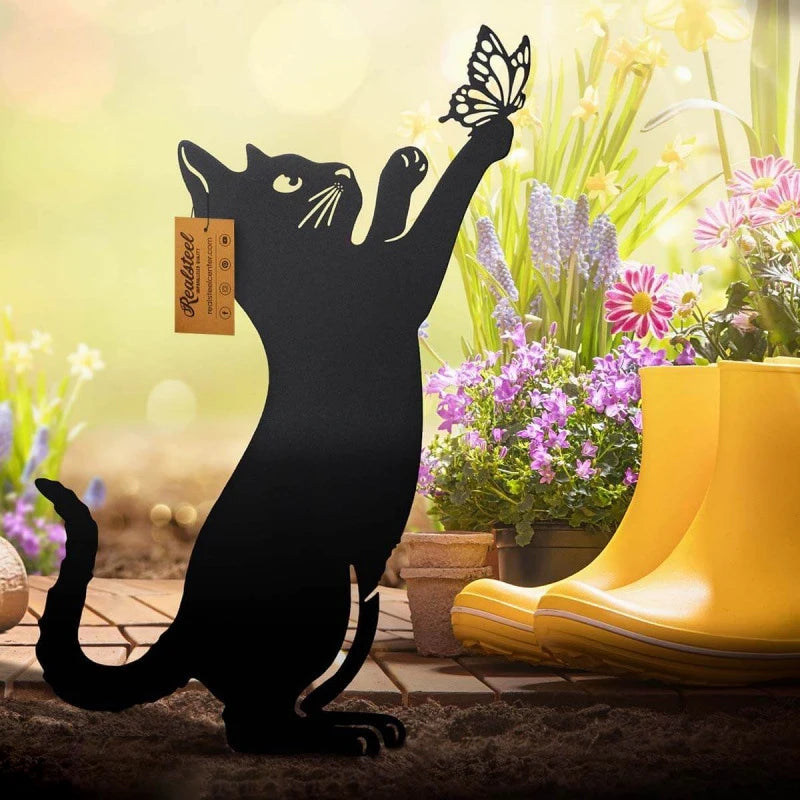 décoration jardin chat métal noir rouille silhouette animaux extérieur fleurs outils bottes jaunes