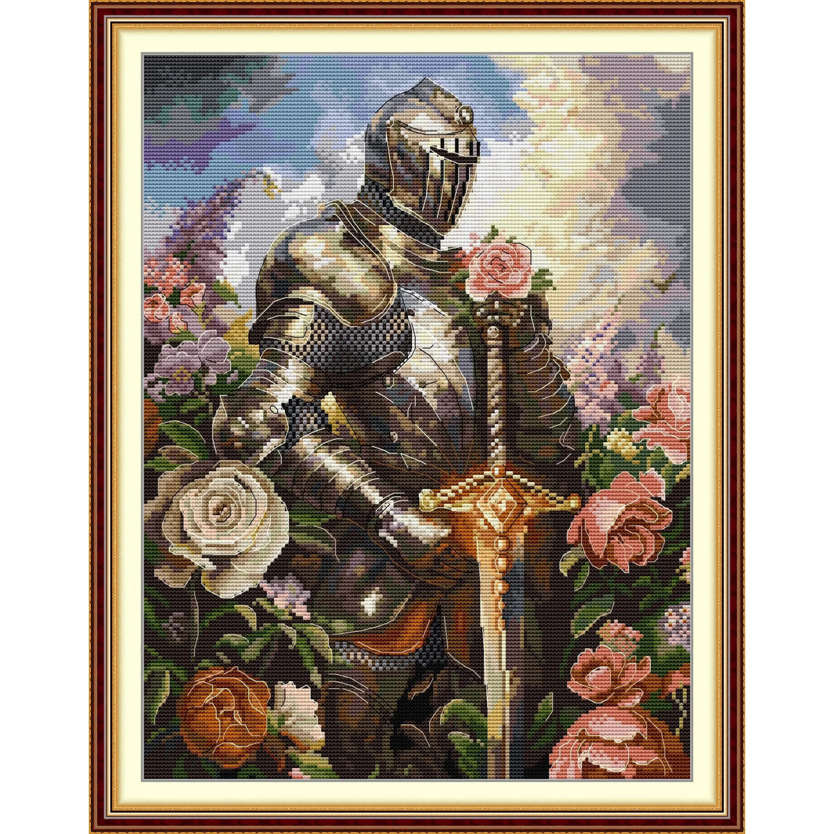 point croix chevalier épée fleurs ornemental argent doré rose blanc vert bleu coton guide