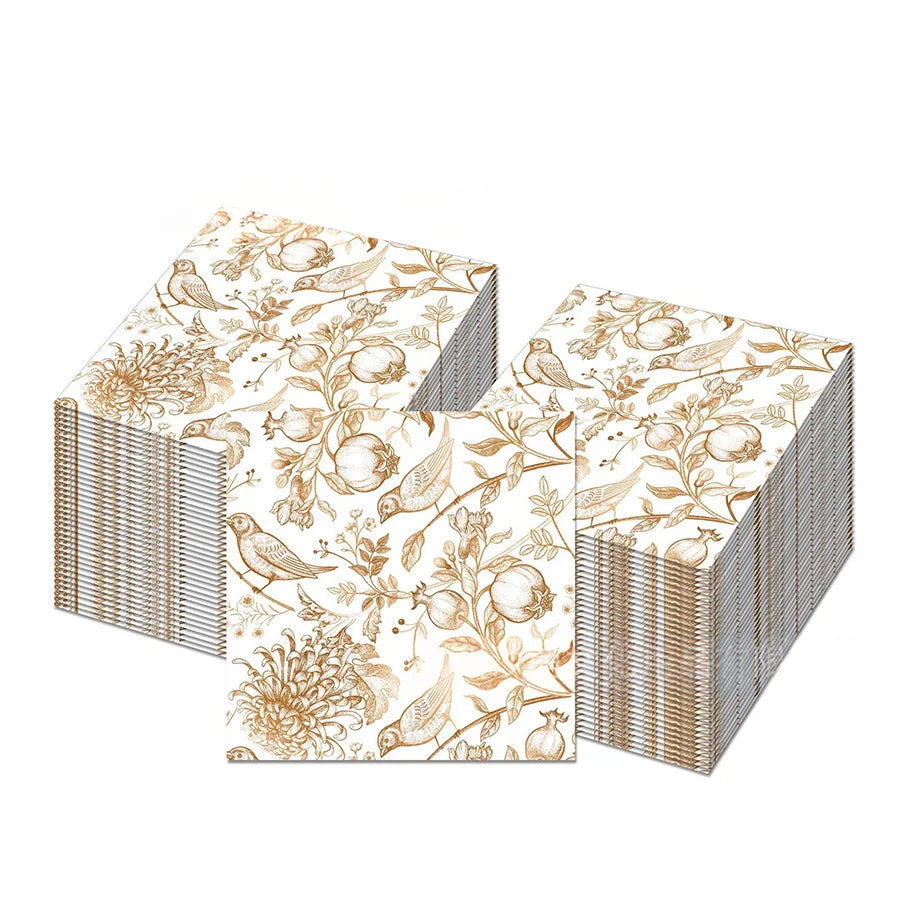 serviettes papier motifs oiseaux pomegranates fleurs vintage pliées dépliées mariage thé decoration diys table