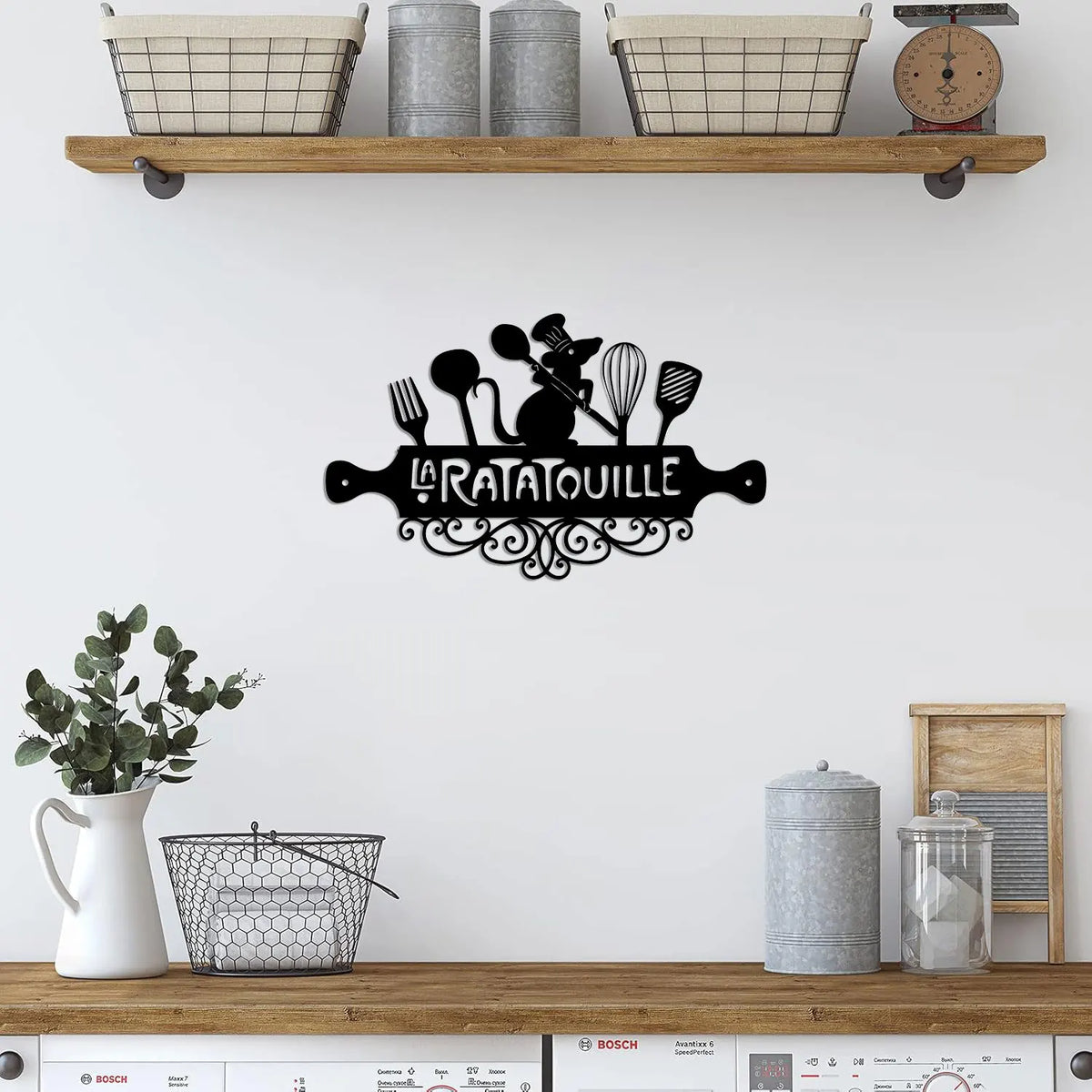 plaque murale décorative artisanale souris cuisine ustensiles noir adhésif moderne couteau fourchette spatule cuillère