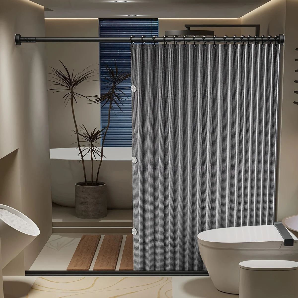 rideau douche gris rayures vertical adhésif moderne salle bain polyester durable decoration accessoire