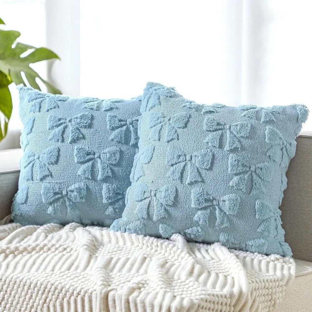 housse coussin moderne motif nœuds blanc bleu doux coton polyester 45x45cm
