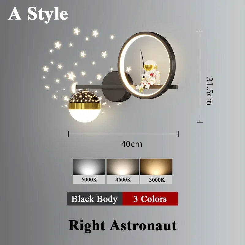 applique murale moderne astronaute étoile dorée noir blanc led chambre enfants