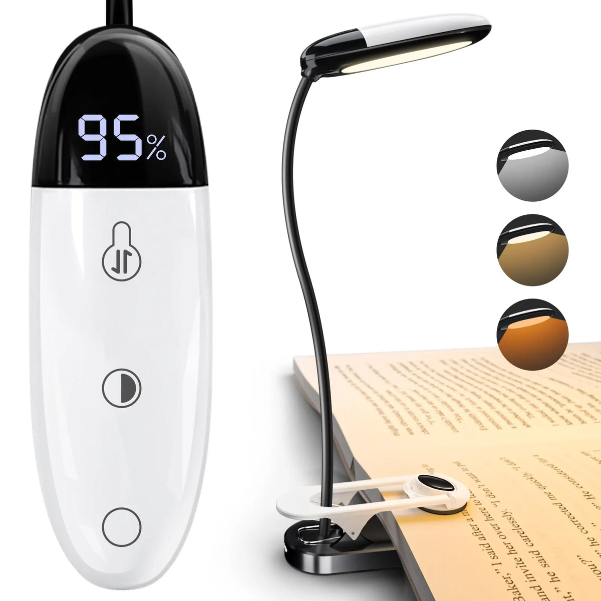 lampe lecture pinces rechargeable led blanc noir écran charge moderne minimaliste