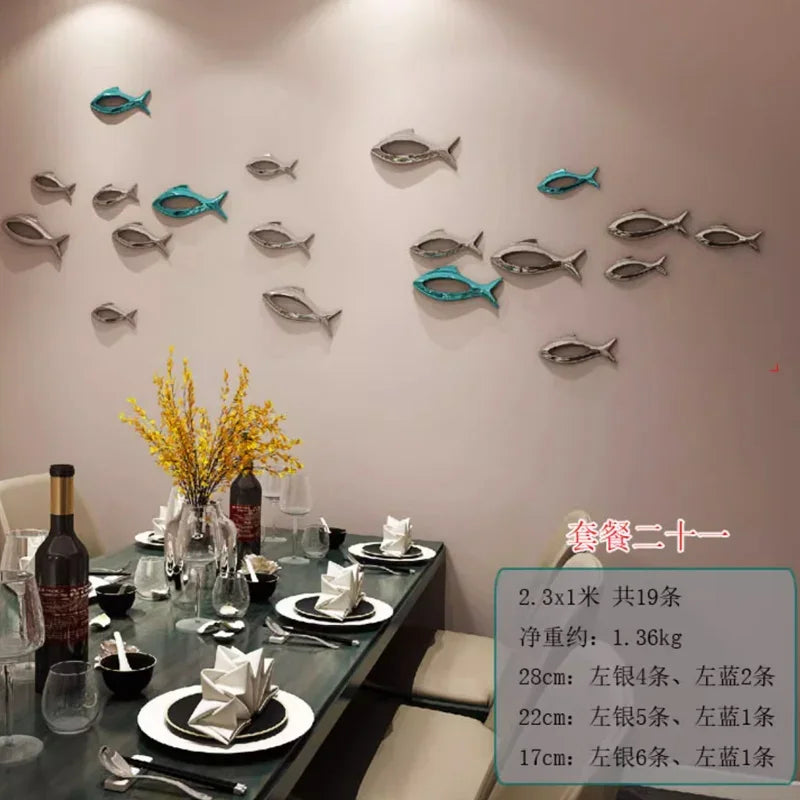 décoration murale poisson 3d moderne plastique adhésif argent bleu or salon