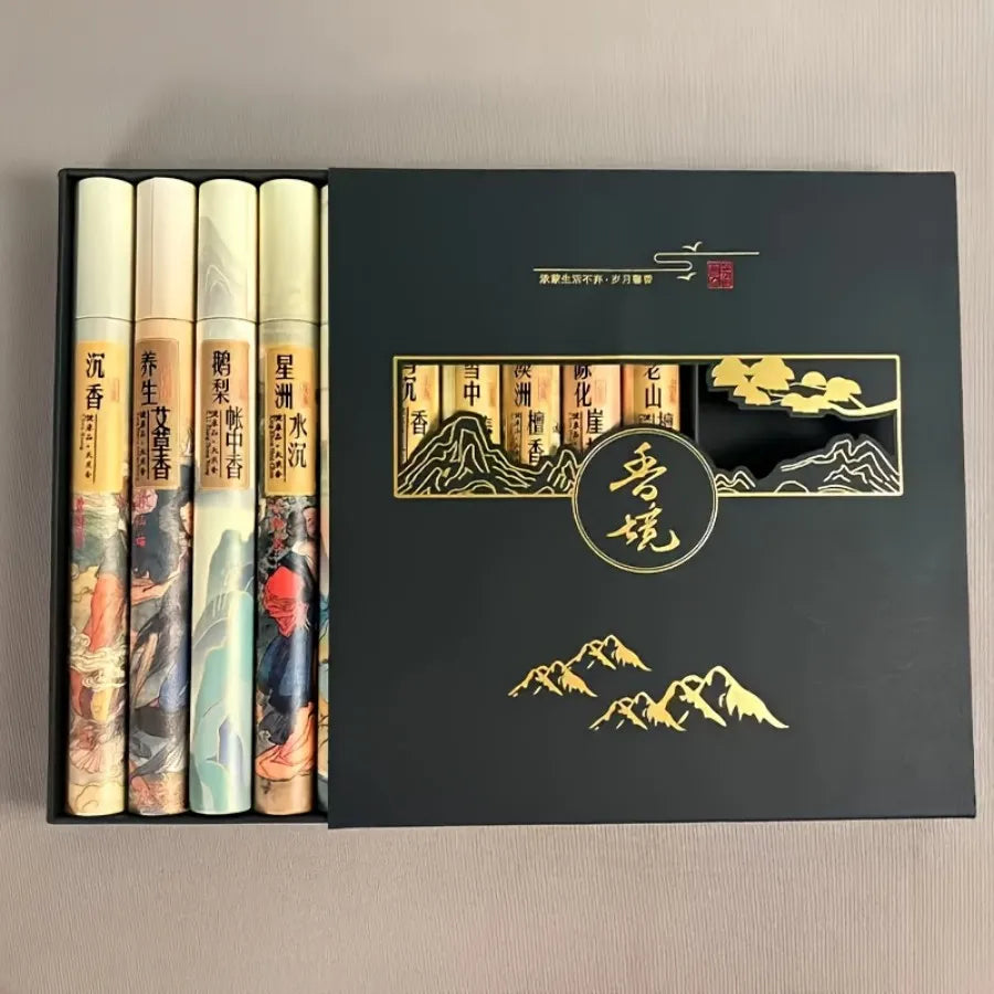 coffret encens bâtons bois beige motifs chinois paysages traditionnels salon aromathérapie cadeau doré illustrations