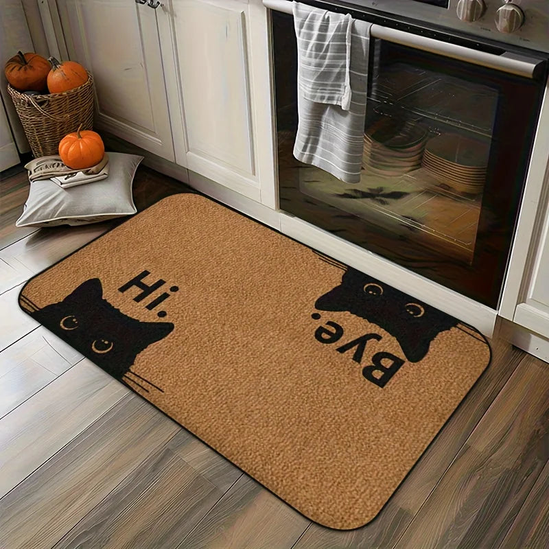 tapis moderne antidérapant chat noir yeux dorés textes hi bye entrée 50x80cm
