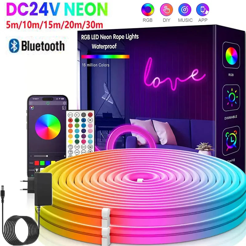 ruban led néon multicolore synchronisation bluetooth étanche décoration intérieure extérieure moderne télécommande adaptateur