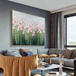tableau abstrait fleurs peinture acrylique toile horizontale rose clair vert gris